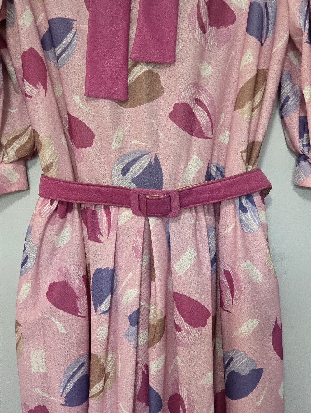 Vintage 70/80s Sears Pink Pastel Floral Dress Belt Sz M Coquette Bow Pastel - Picture 7 of 13